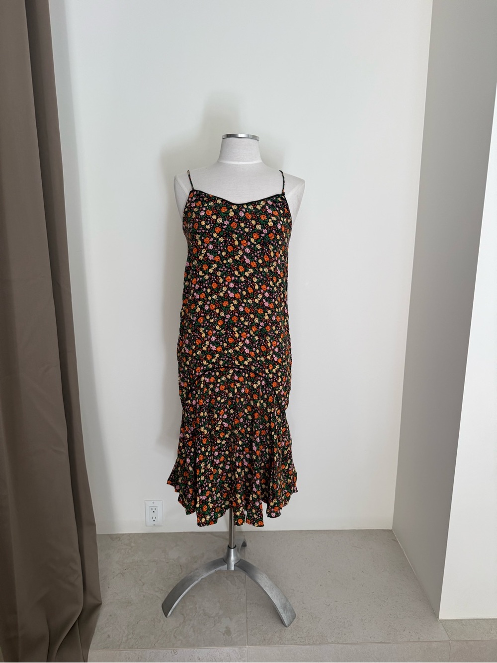 Ganni Black Floral Slip Midi Dress with Orange & Pink Blooms